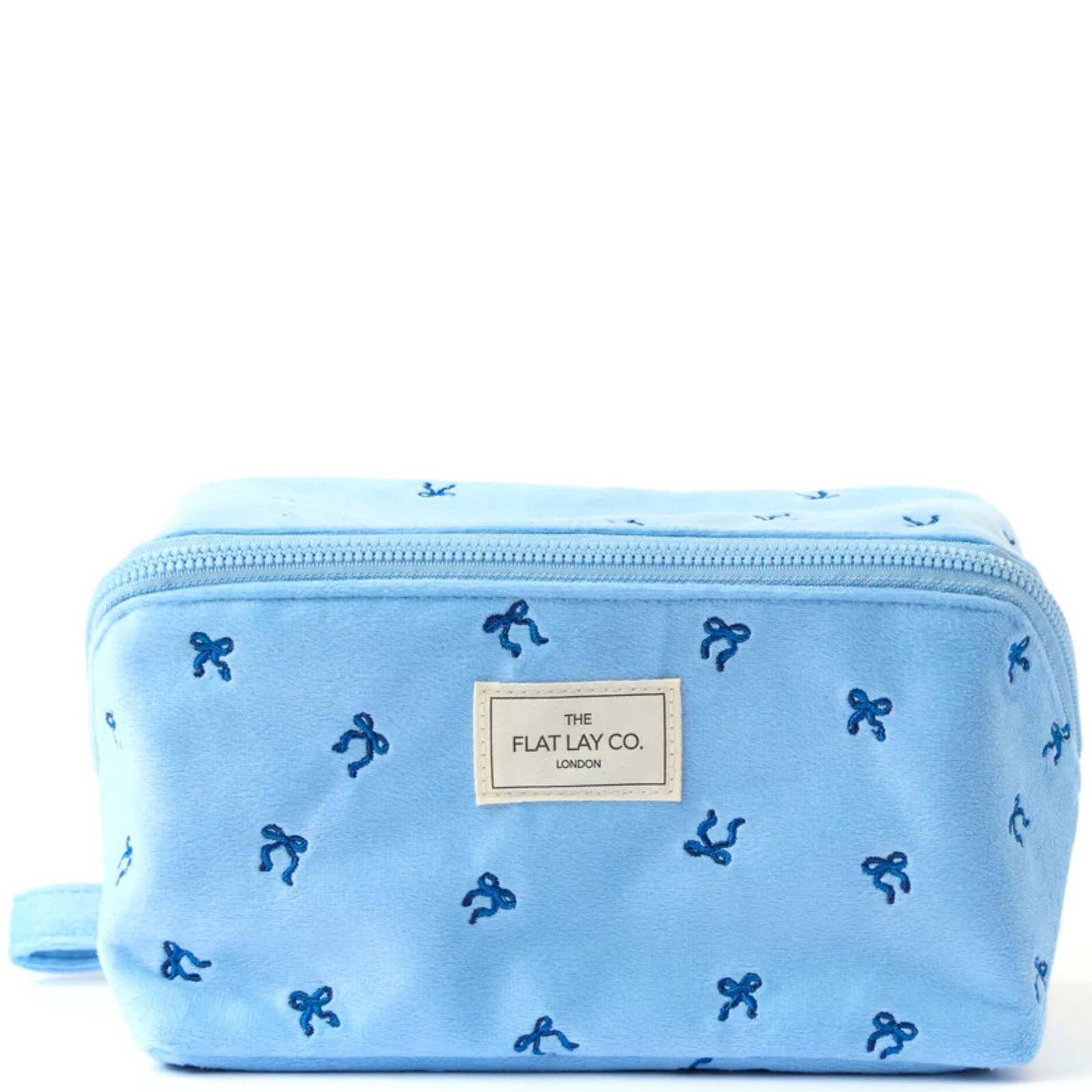 The Flat Lay Co. . Flat Lay Makeup Box Bag - Ditsy Bows Blue Embroidered Velvet