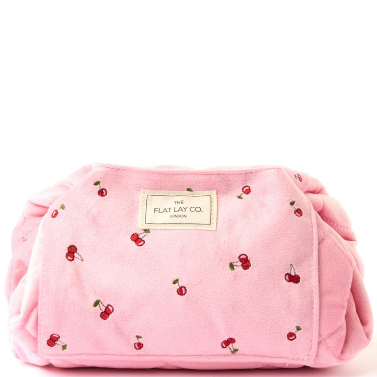 The Flat Lay Co. Drawstring Flat Lay Makeup Bag - Ditsy Cherries Pink Embroidered Velvet