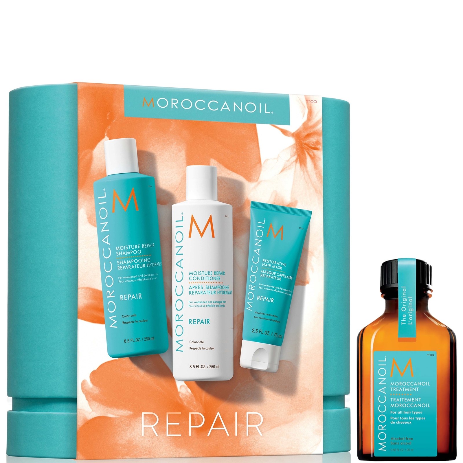 

Moroccanoil Moisture Repair Shampoo & Conditioner with Free Restorative Hair Mask 75ml and Treatment Oil 25ml