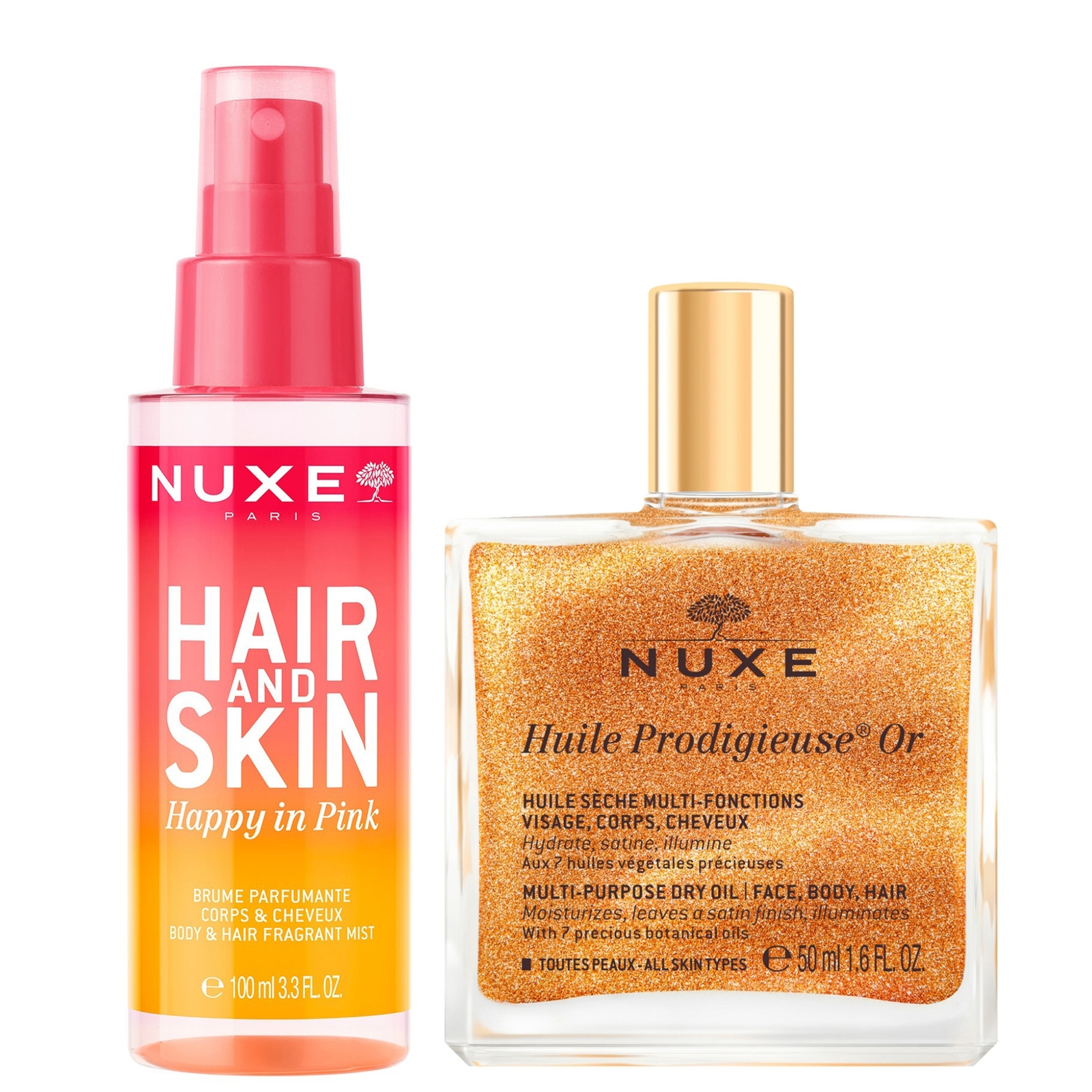 

NUXE Huile Prodigieuse Shimmering Multi-Purpose Dry Oil 50ml & 'Happy In Pink' Hair & Body Fragrance Mist 100ml Bundle