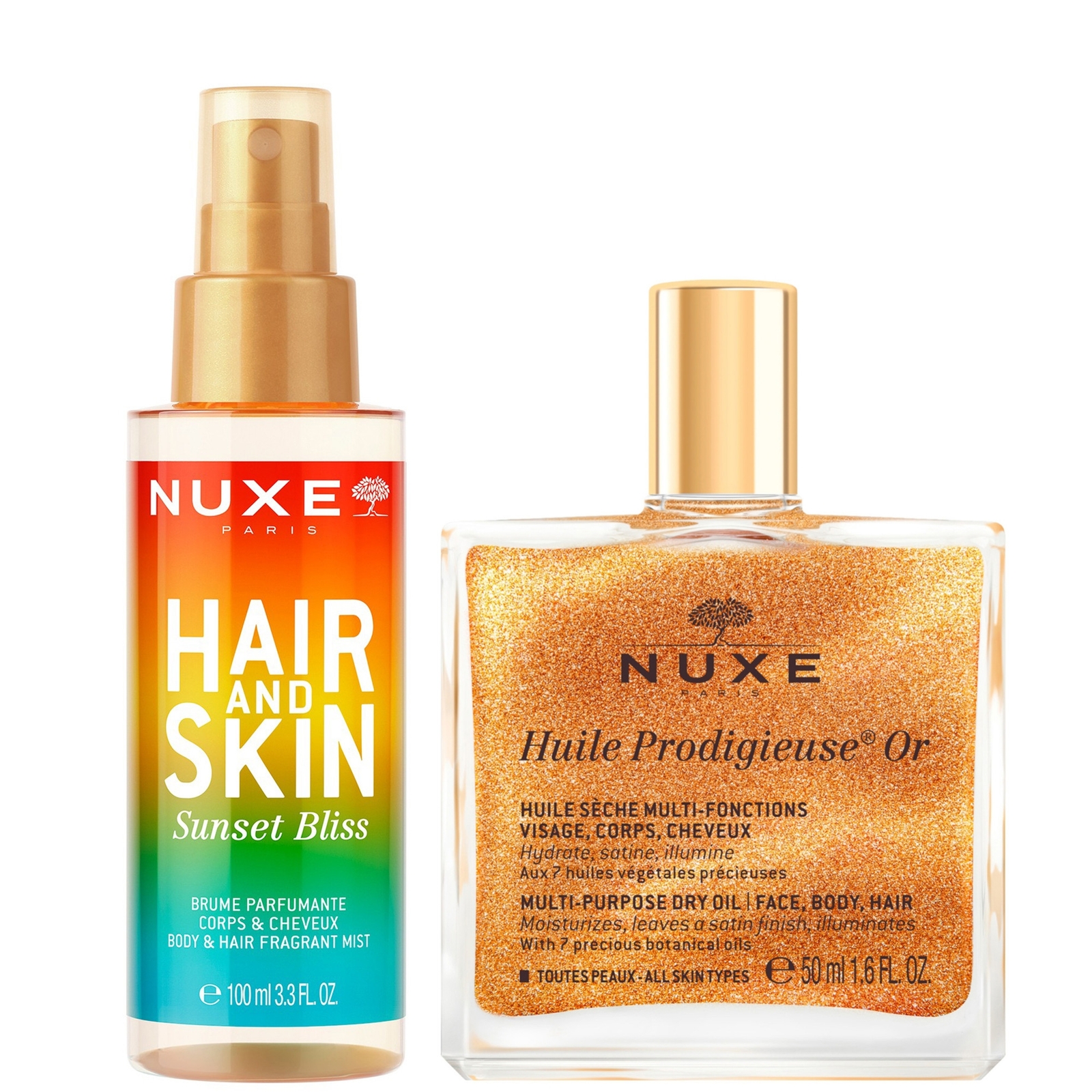 Nuxe Huile Prodigieuse Shimmering Multi-purpose Dry Oil 50ml & 'sunset Bliss' Hair & Body Fragrance Mist