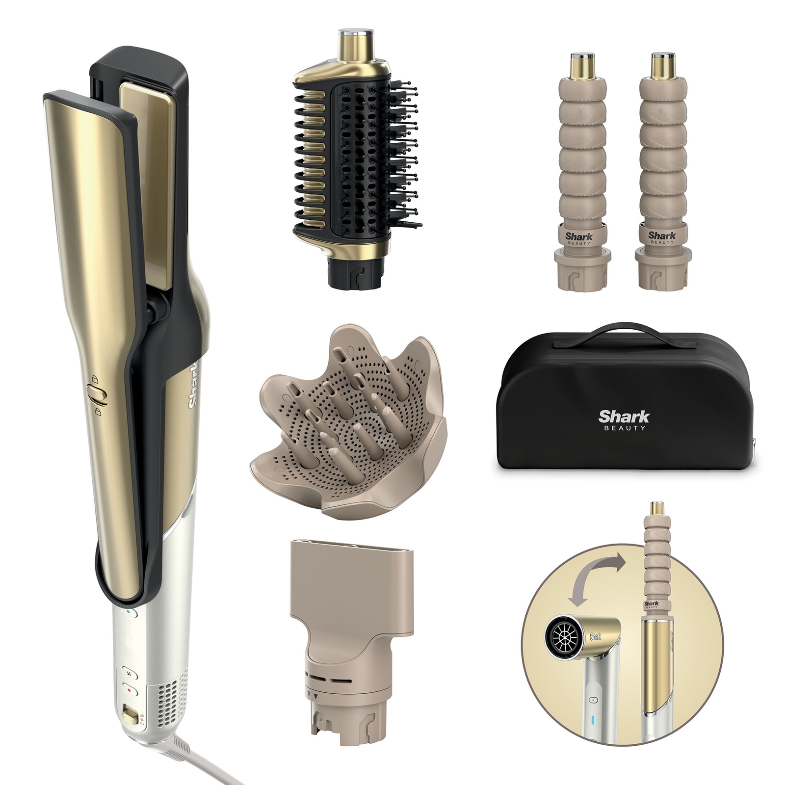 Shark Glam 5-in-1 Hot Tool Air Styling + Drying System Gold - For Straight, Sleek, Wavy And Bouncy Styles