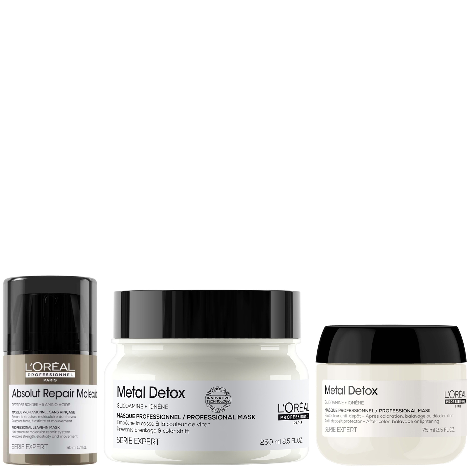 L'oreal Professionnel Metal Detox Hair Mask & Absolut Repair Molecular Leave-in Cream, Repair Damage Mask Set 250ml & 50ml