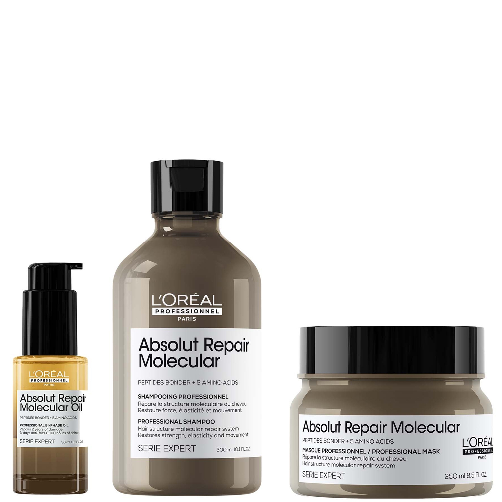 L'oreal Professionnel Absolut Repair Molecular Shampoo 300ml, Hair Mask 250ml & Bi-phase Hair Oil For Damaged Hair 30ml