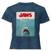 Image of Jaws Classic Poster - Women's Cropped T-Shirt - Navy Acid Wash - XS - Navy Acid Wash