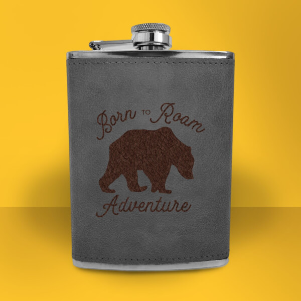 Bear Born To Roam Adventure Engraved Hip Flask - Grey
