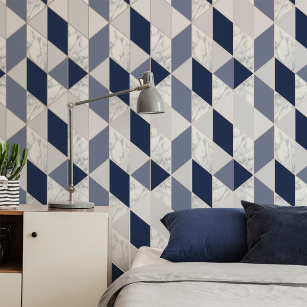 Sublime Navy Marble Geometric Wallpaper| 
