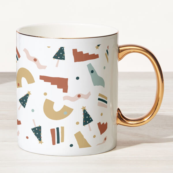Christmas Pattern Bone China Gold Handle Mug