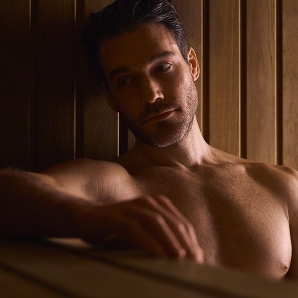 Male model in a sauna