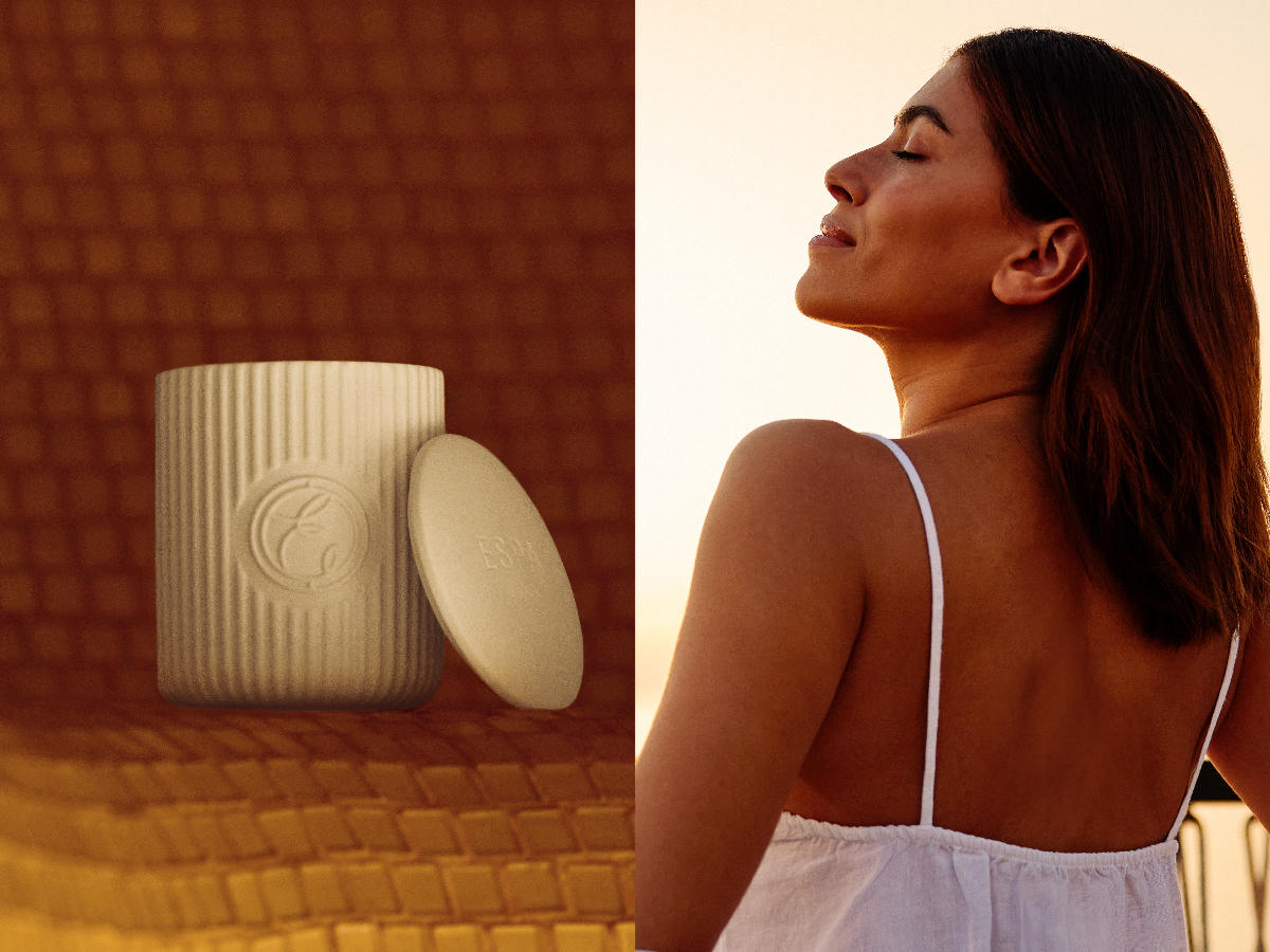 Collage image of candle and a model with eyes closed, side profile, inhaling the sea air.