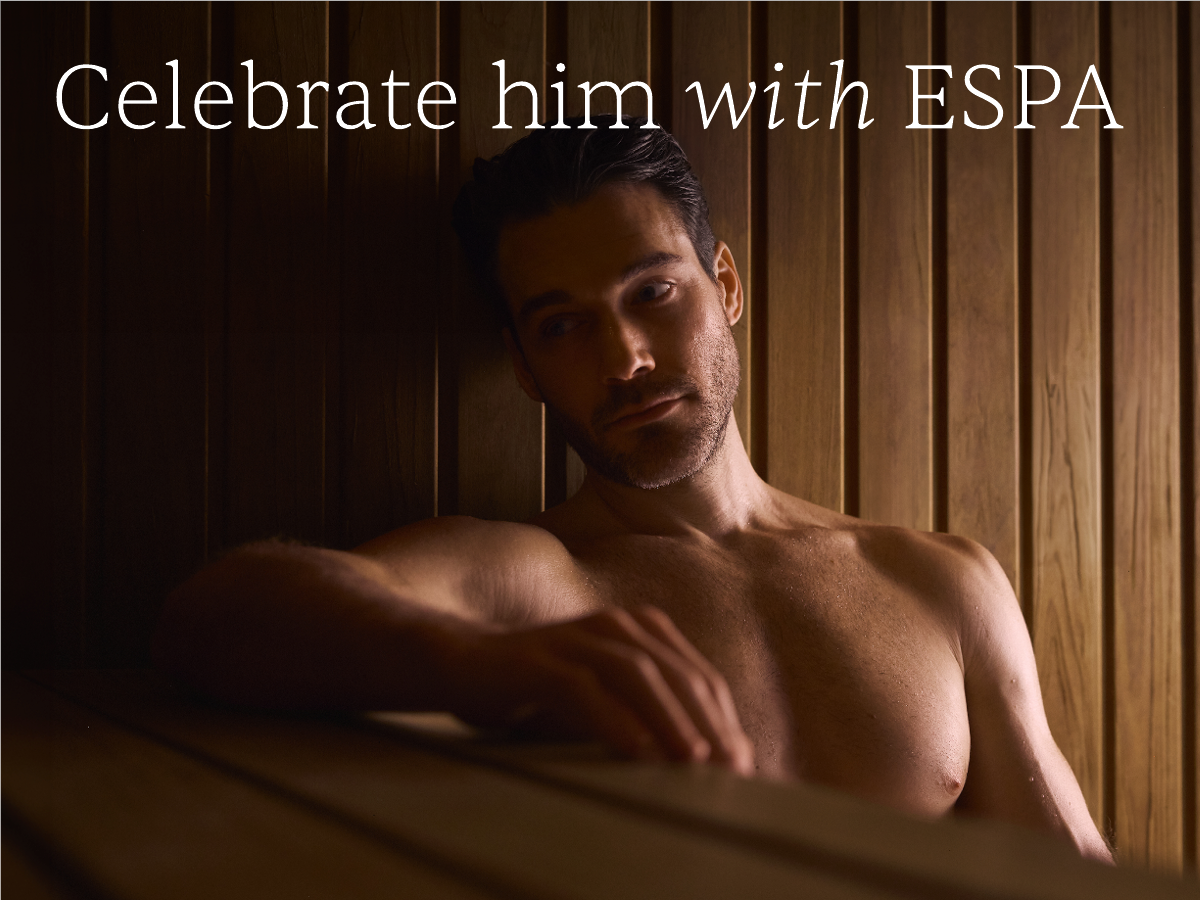 Celebrate Him with ESPA. Image of Male model relaxing in a sauna