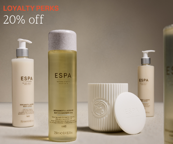 YOUR LOYALTY EXCLUSIVE, 20% off. Image of Beragmot & Jasmine collection including body wash, hand lotion and ceramic white vessel candle,