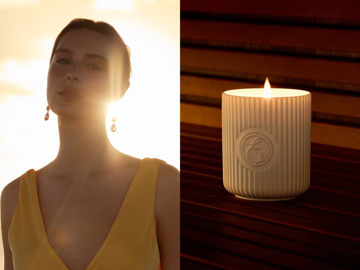 Collage image of model and a lit candle