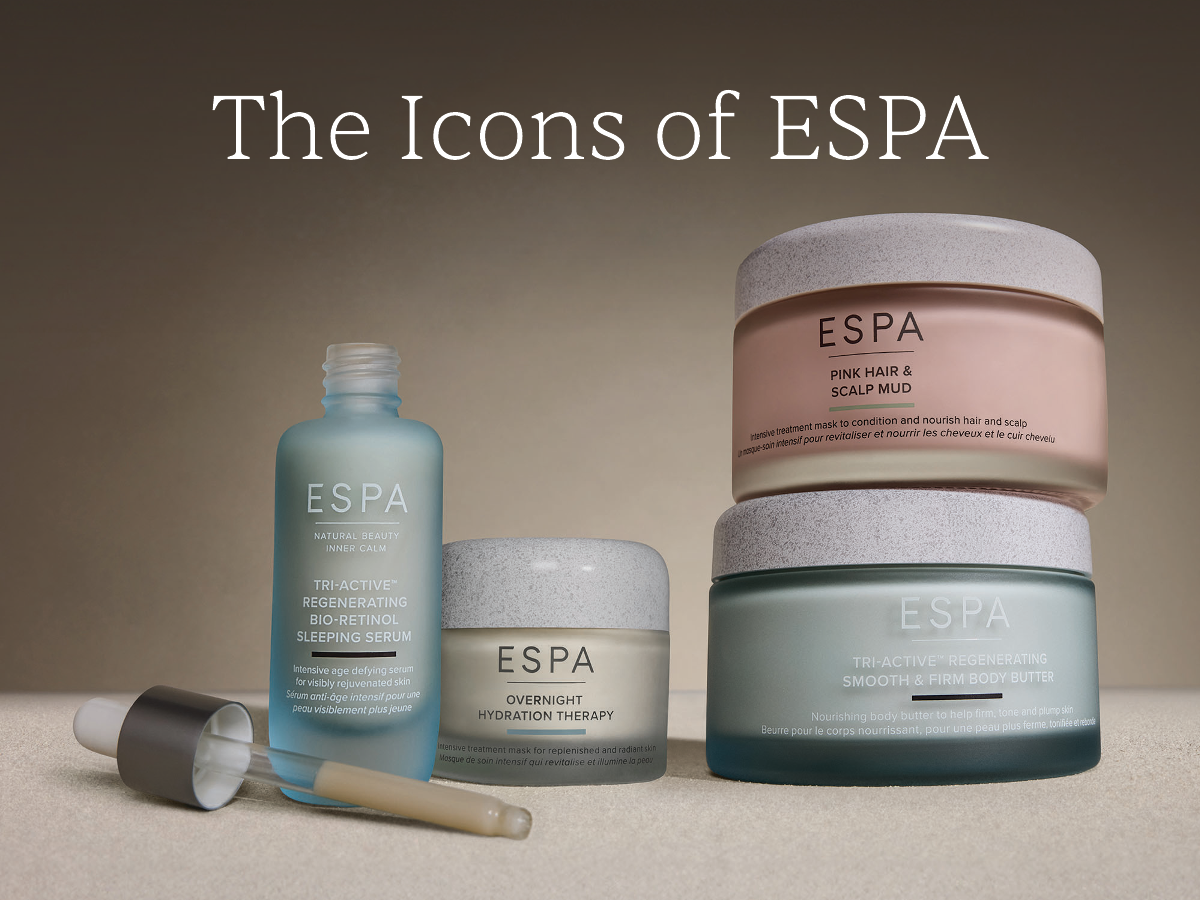 The Icons of ESPA. Group picture of Pink Hair & Scalp Mud, Tri Active Regenerating Smooth & Firm Body Butter, Overnight Hydration Therapy and Tri Active Regenerating Bio-Retinol Sleeping Serum