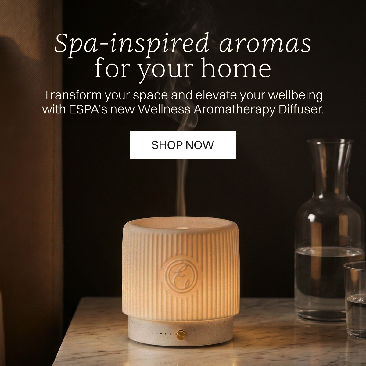 Spa-inspired aromas for your home. Transform your space and elevate your wellbeing with ESPA's new Wellness Aromatherapy Diffuser.  Image of Diffuser Pod with mist coming out the top.