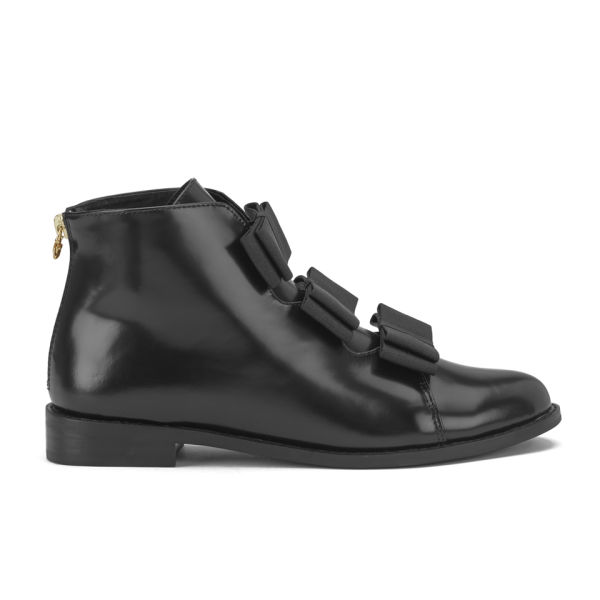 FTroupe Women's Bows Leather Ankle Boots Black Free UK Delivery over £50