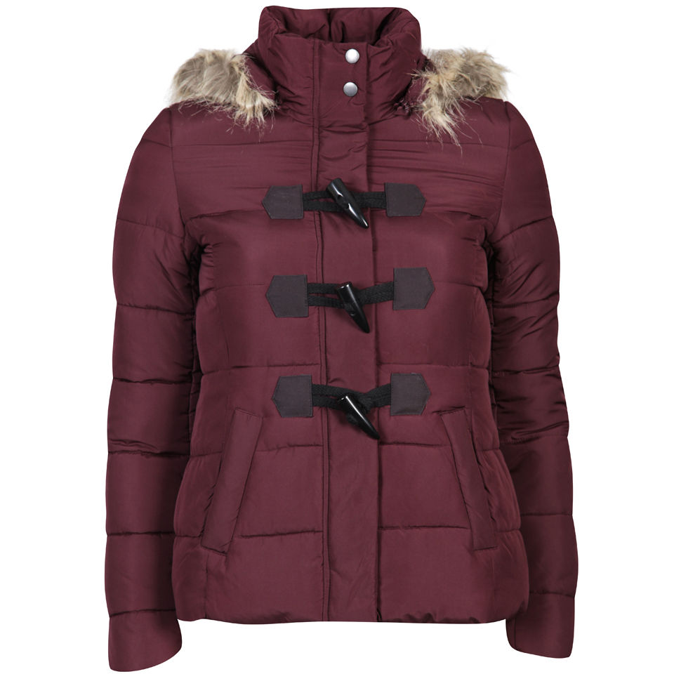 Brave Soul Women's Hooded Puffa Jacket with Fur Trim - Wine Womens ...