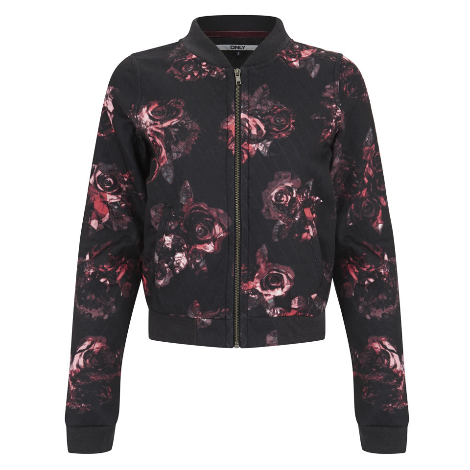 Only Women's Rose Print Bomber Jacket - Black/Pink Womens Clothing