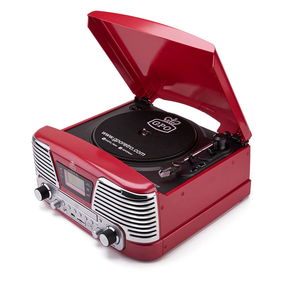 GPO Retro Memphis Turntable 4-in-1 Music System with Built in CD and FM Radio - Red