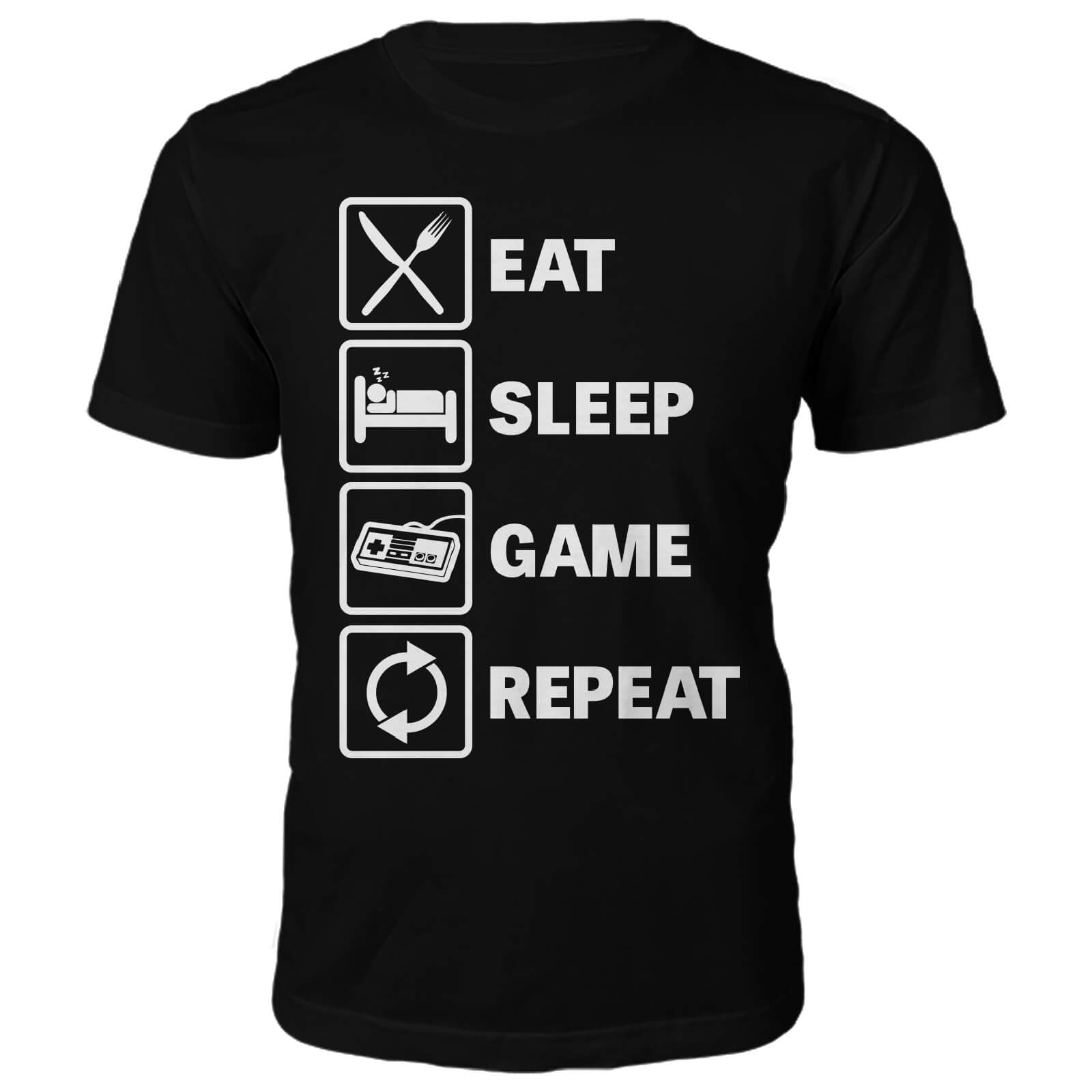 Eat Sleep Game Repeat Slogan T-Shirt - Black - S