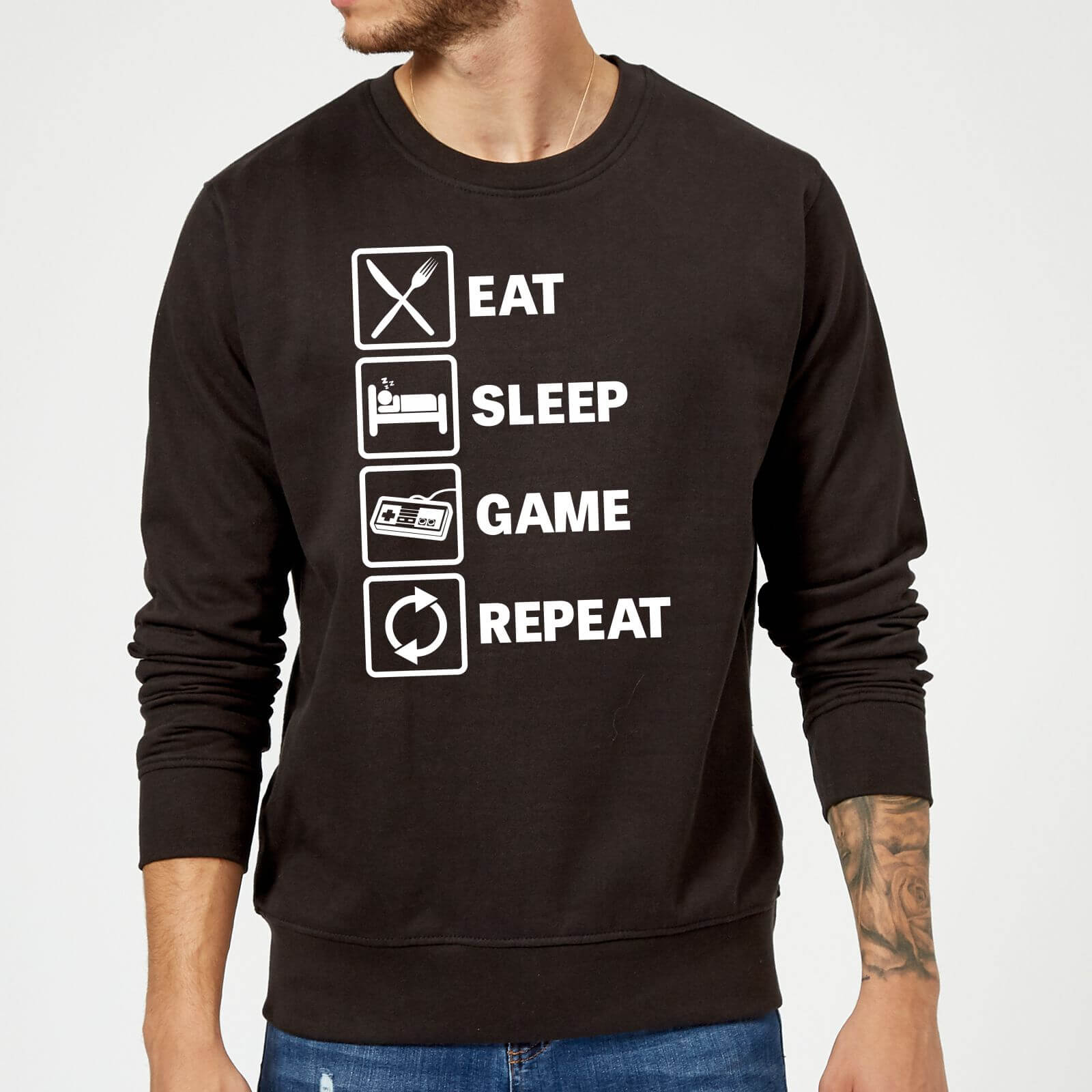 Eat Sleep Game Repeat Slogan Sweatshirt - Black - S