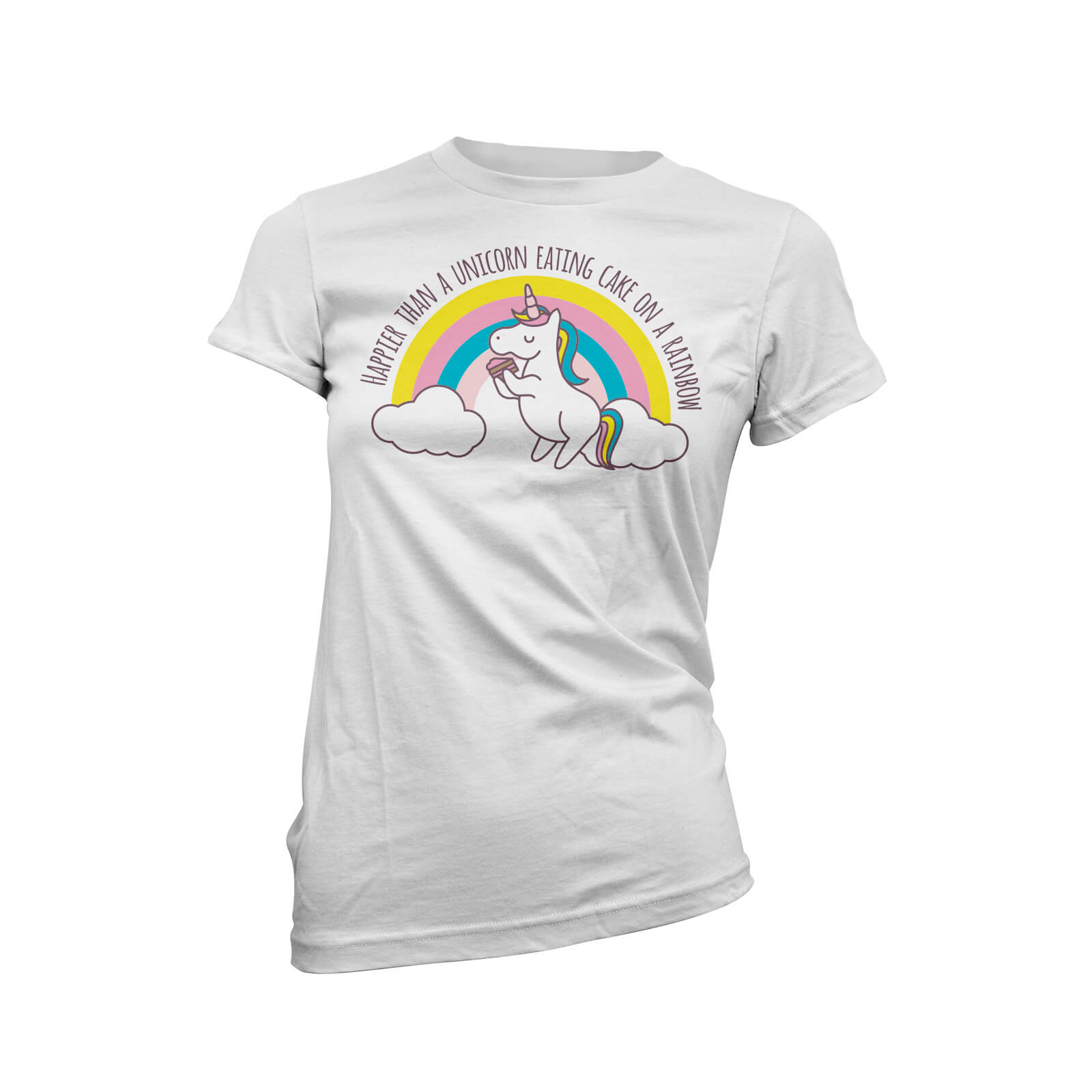 Happier Than A Unicorn Eating Cake On A Rainbow Women's White T-Shirt - S - White