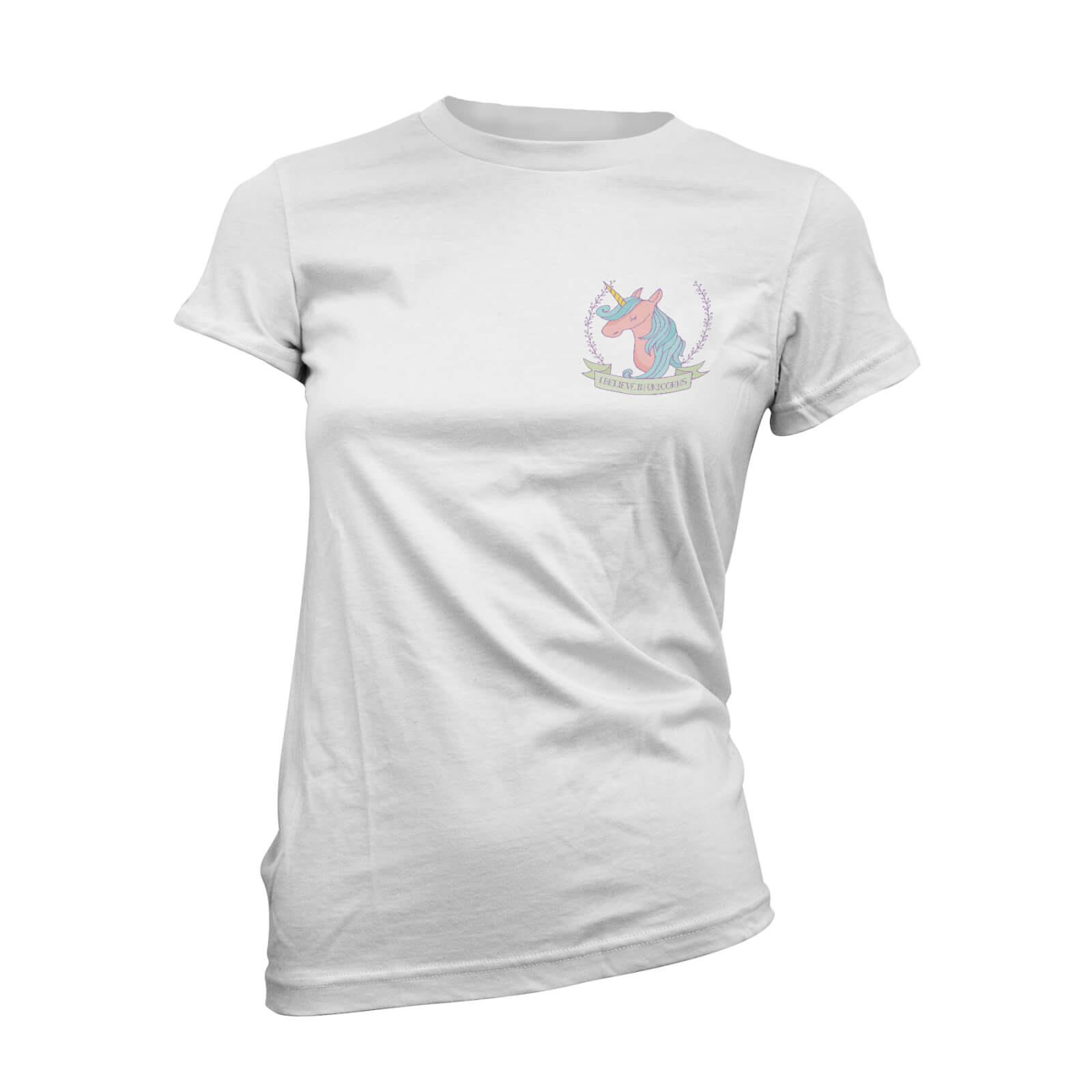 I Believe In Unicorns Pocket Print Women's White T-Shirt - S - White