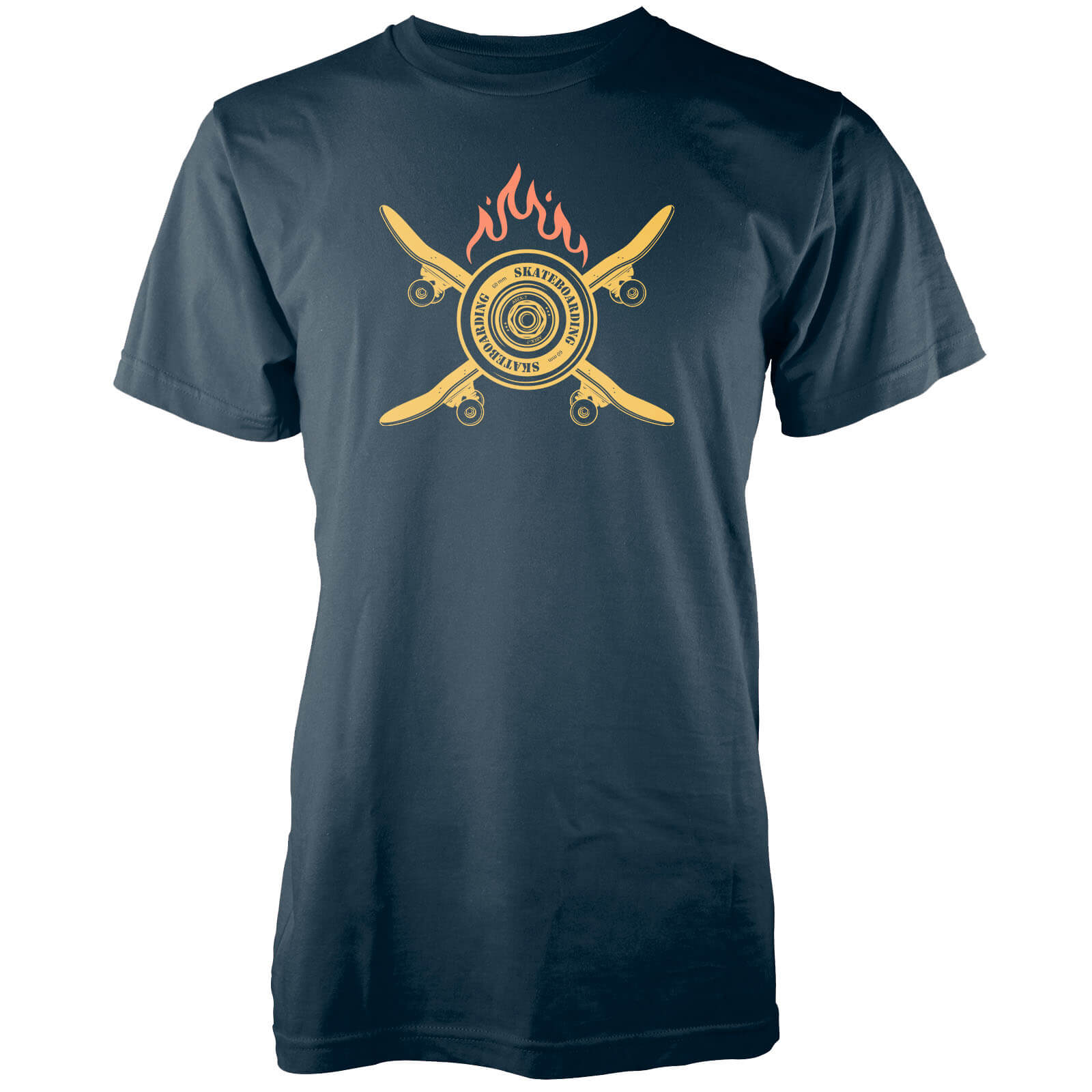 Crossed Flaming Skateboard Navy T-Shirt - S - Navy