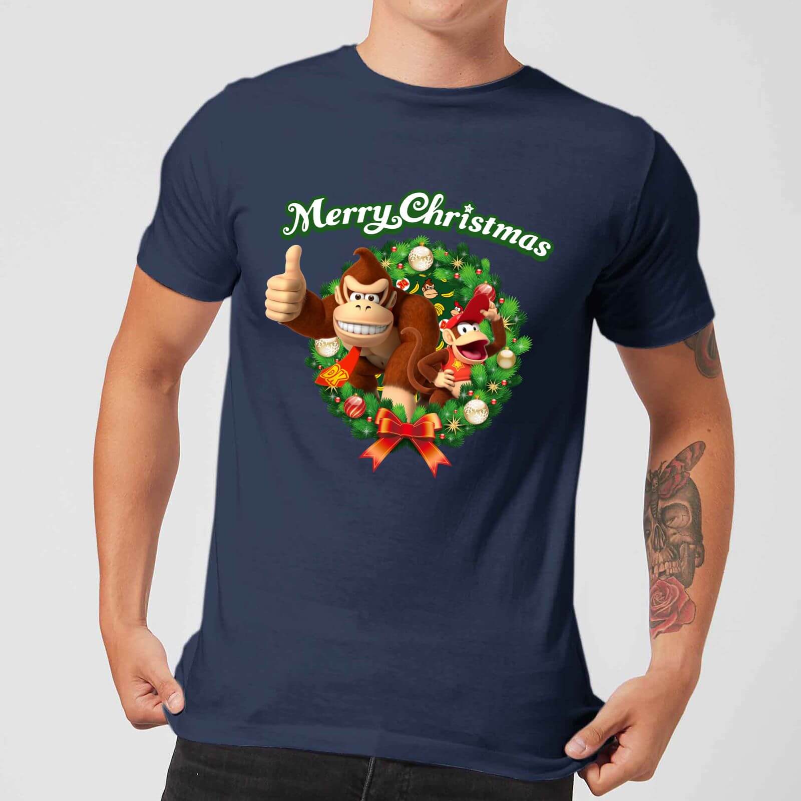 Nintendo® Donkey Kong Diddy Kong Merry Christmas Wreath Thumbs Up T-Shirt - Navy - XL - Navy
