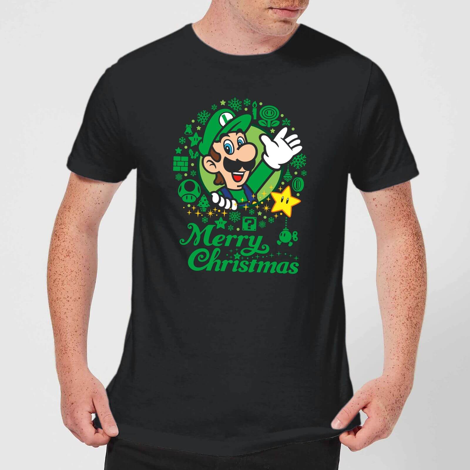 Nintendo Super Mario Luigi Merry Christmas Wreath Black T-Shirt - XXL - Black
