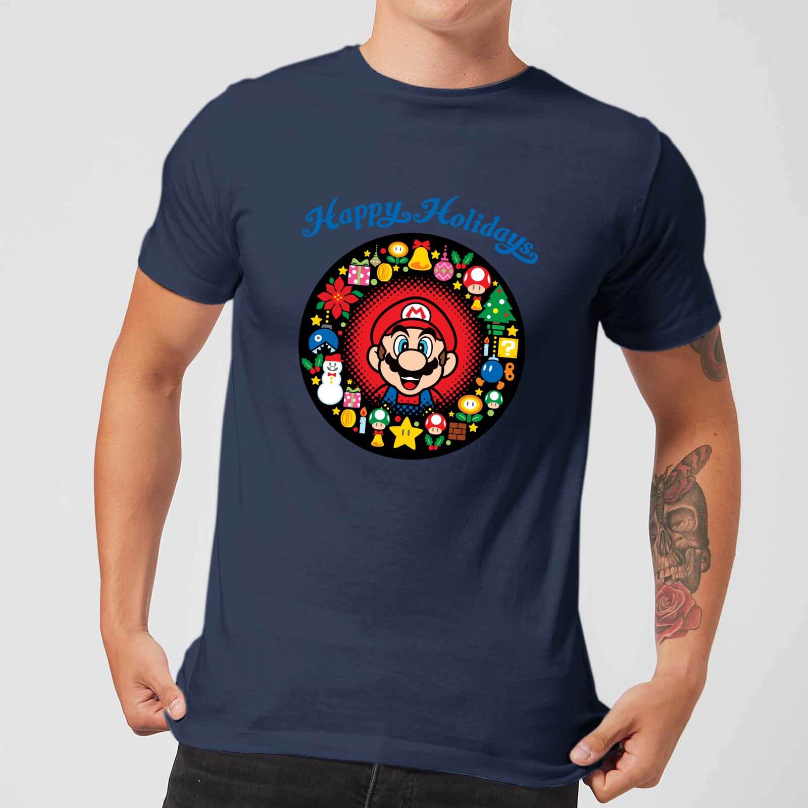 Nintendo Super Mario Mario Happy Holidays Navy T-Shirt - S