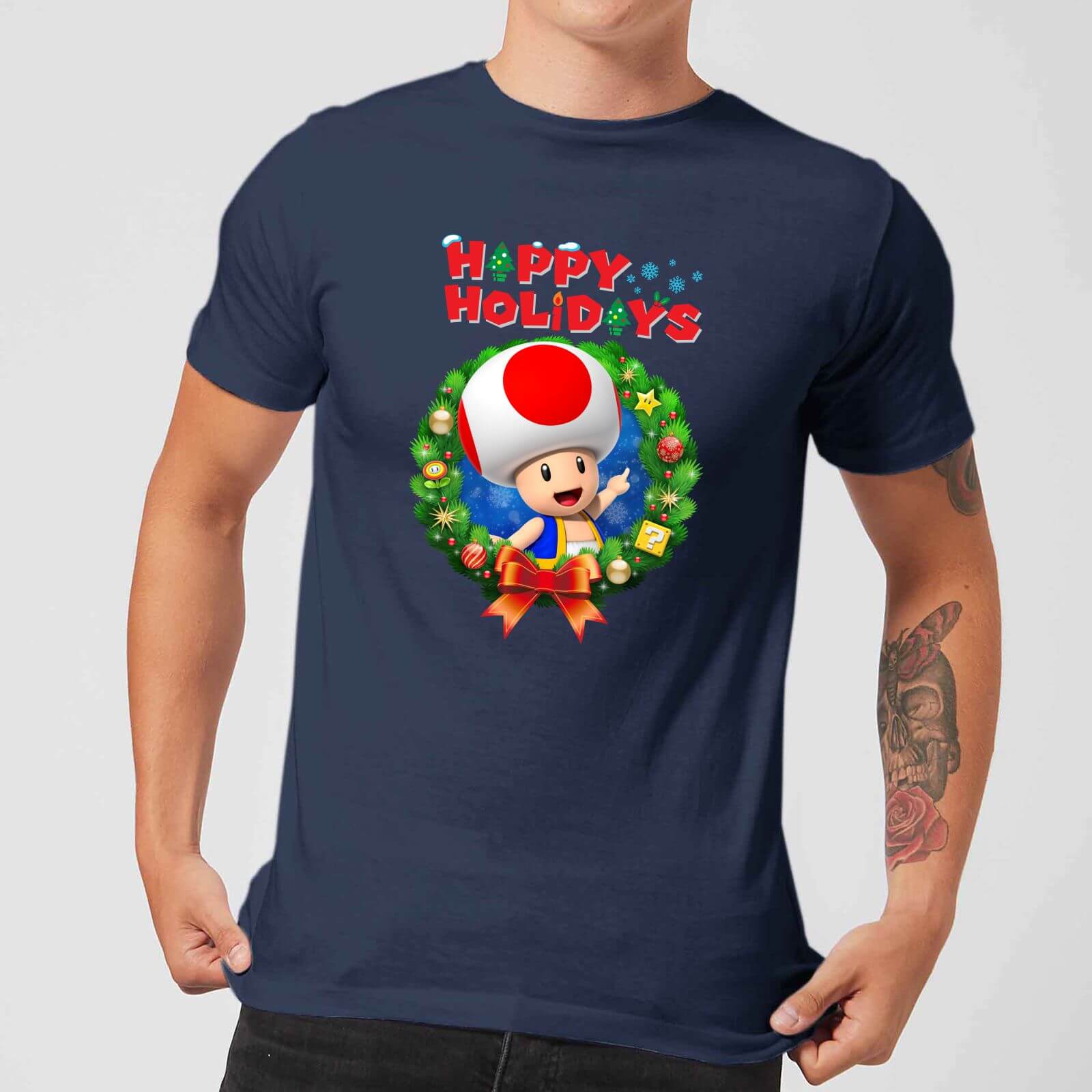 

Nintendo Super Mario Toad Wreath Happy Holidays Navy T-Shirt - S