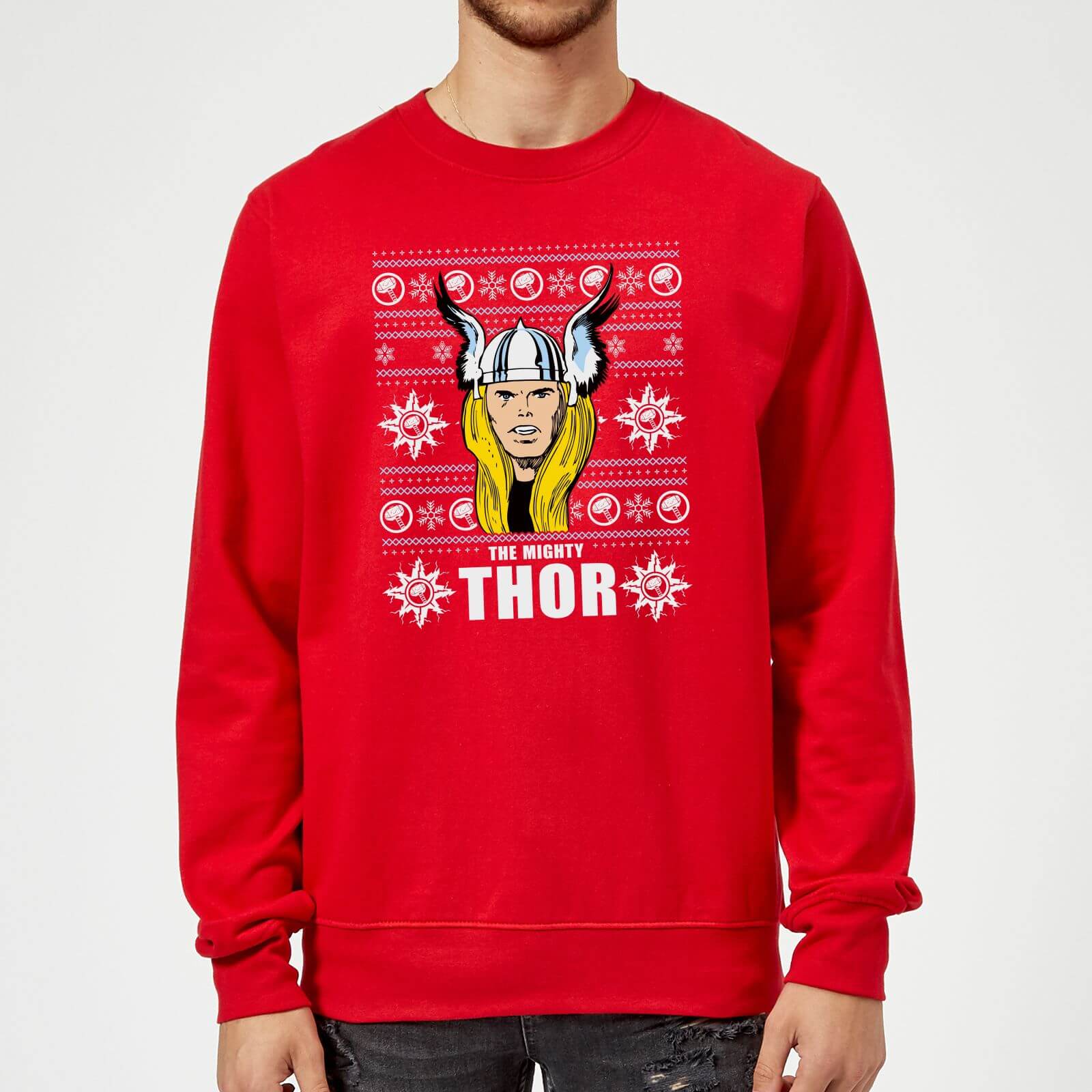 Marvel Comics The Mighty Thor Face Christmas Knit Red Christmas Sweatshirt - S