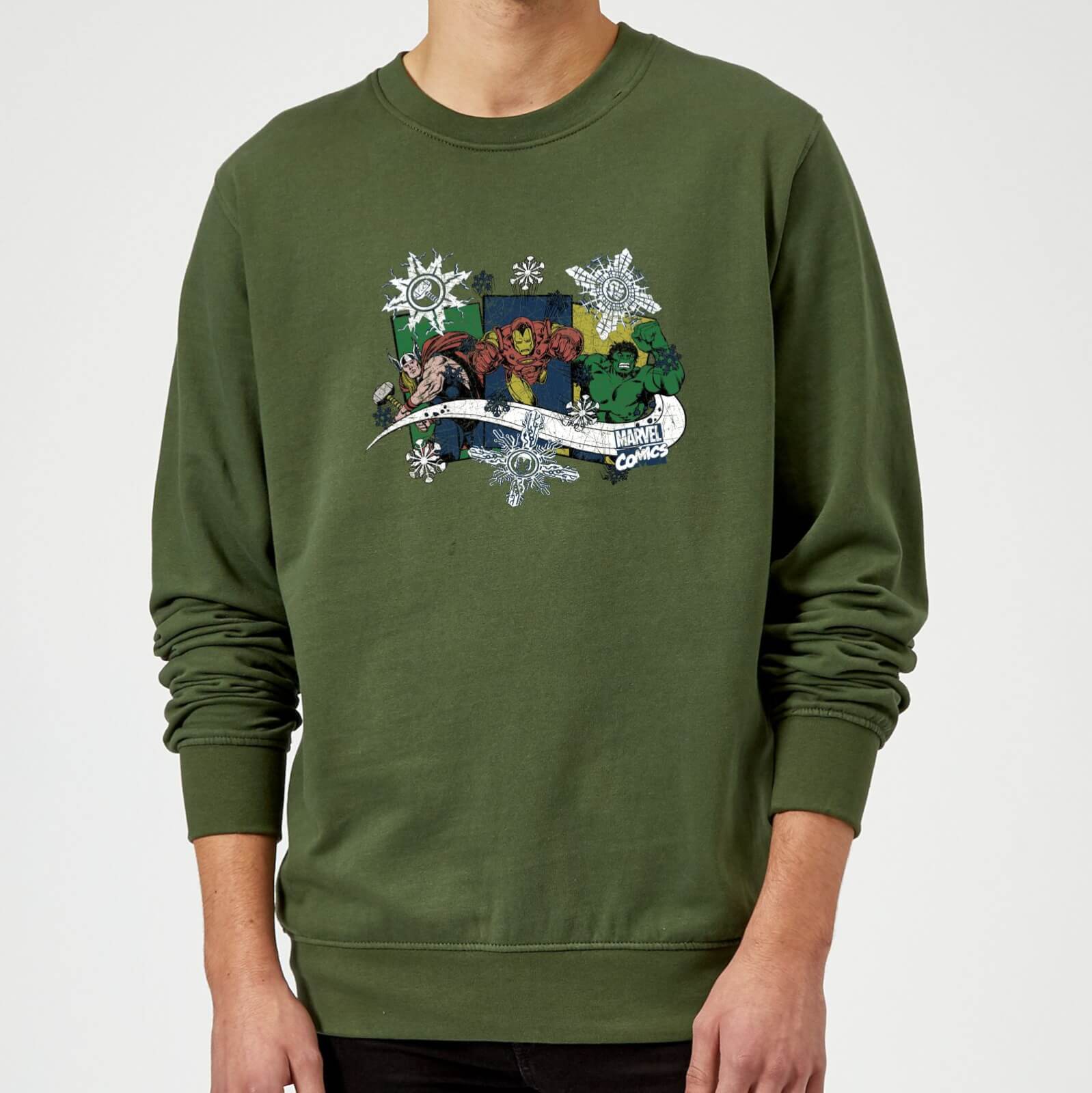 Marvel Comics Thor Ironman Hulk Snowflake Green Christmas Sweatshirt - S