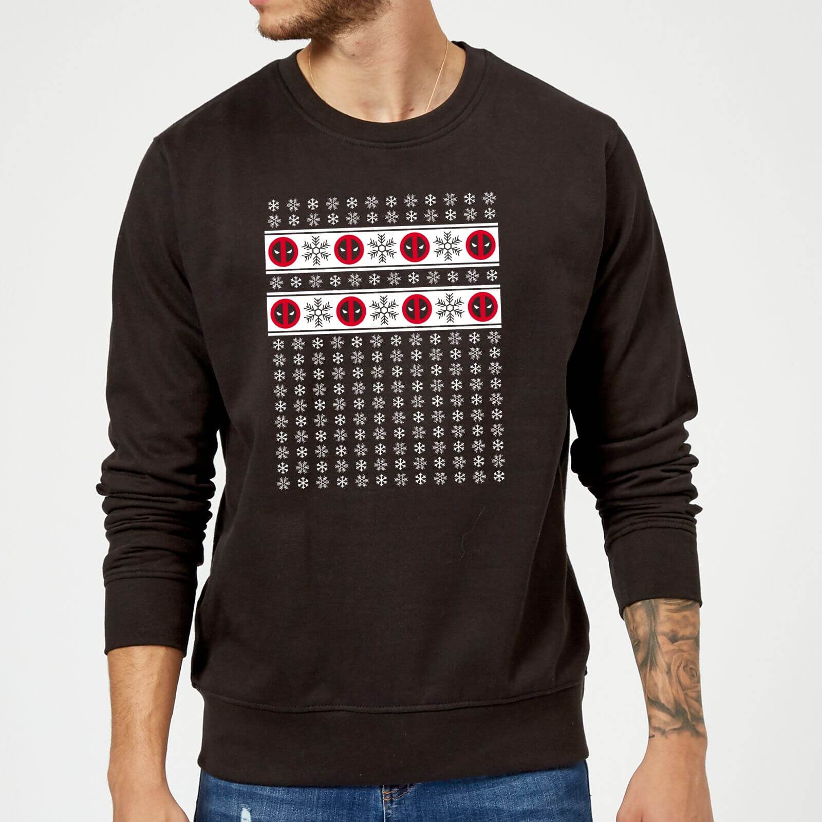 Marvel Deadpool Christmas Snowflakes Black Christmas Sweatshirt - S