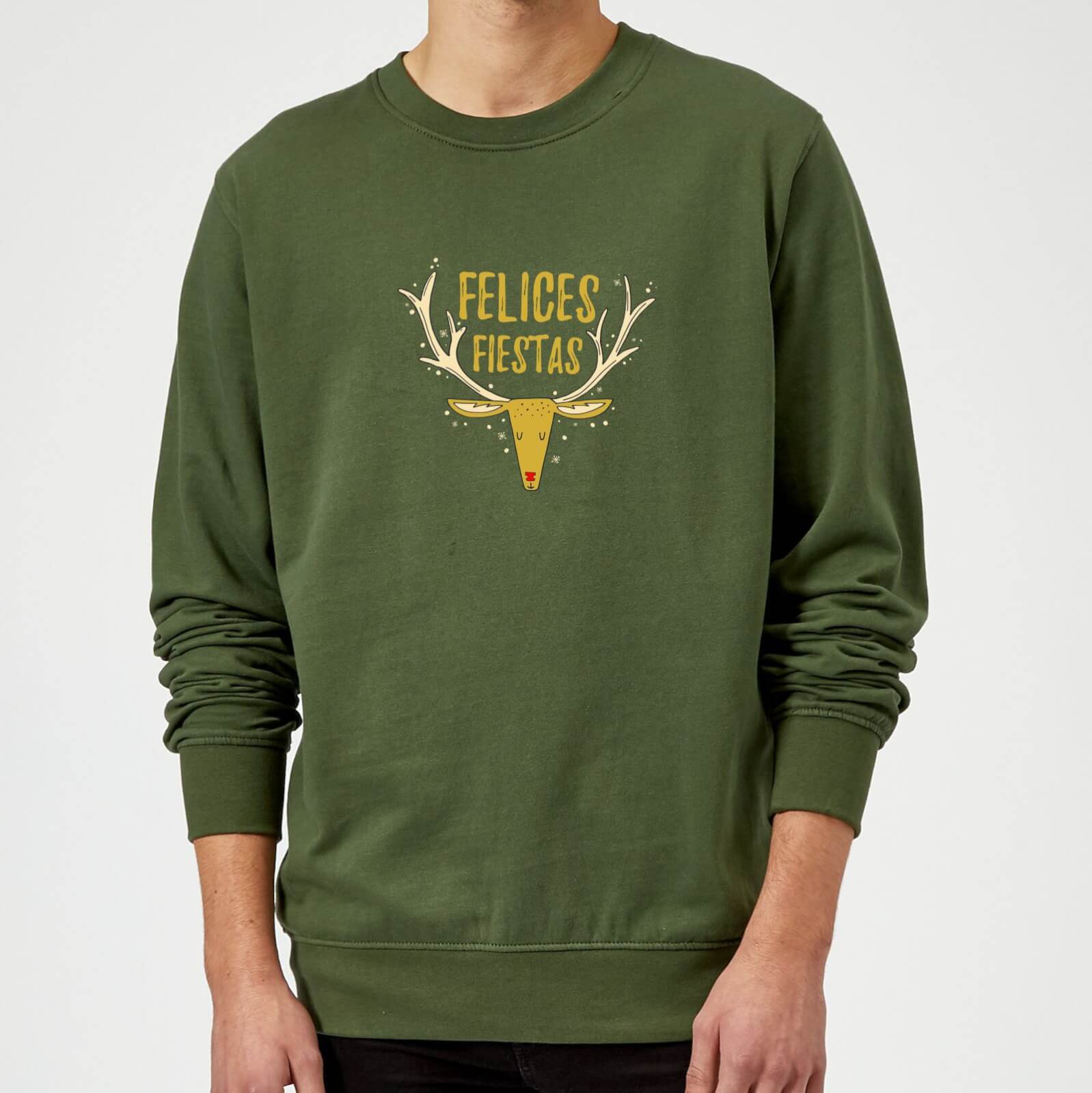 Felices Fiestas Reindeer Sweatshirt - Forest Green - M - Red