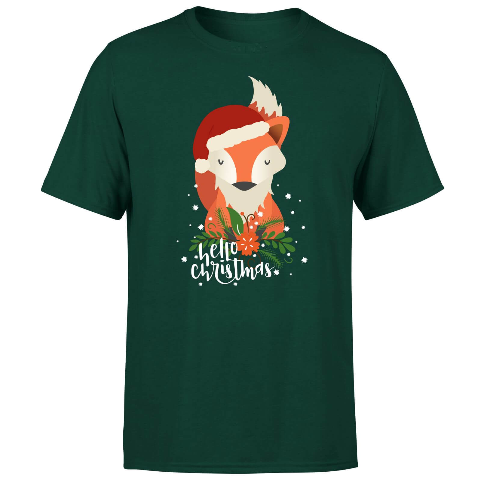 Christmas Fox Hello Christmas T-Shirt - Forest Green - S
