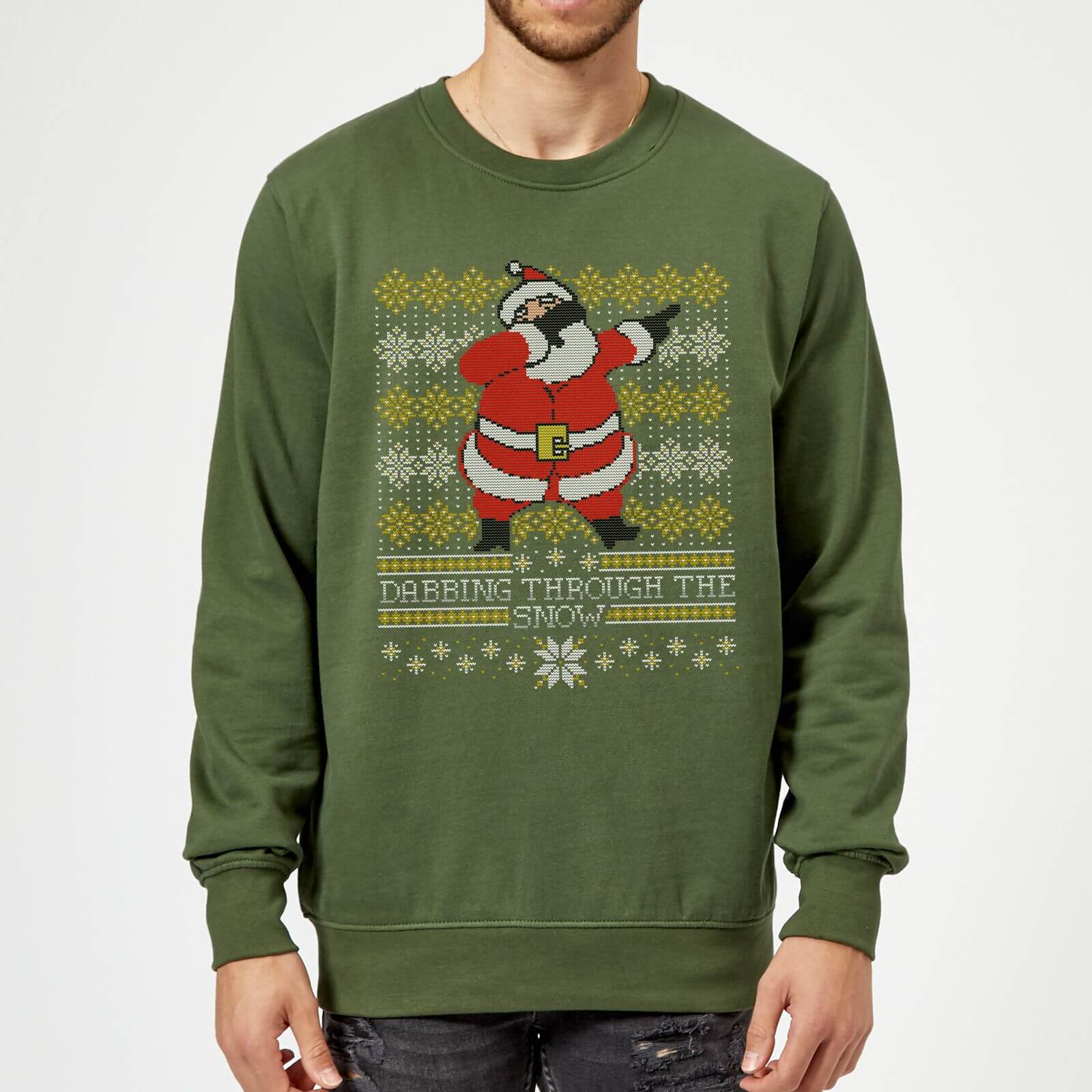 Dabbing through the snow Fair Isle Sweatshirt - Forest Green - M