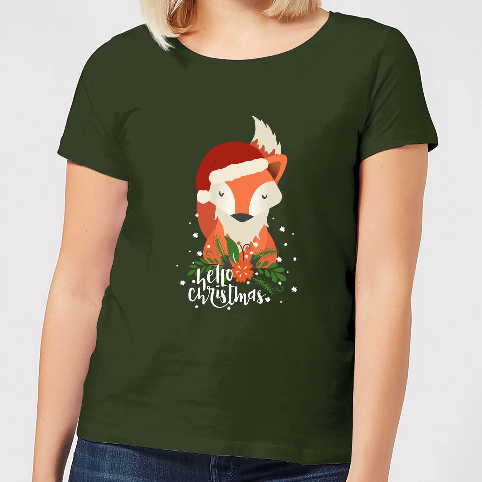 Christmas Fox Hello Christmas Women's T-Shirt - Forest Green - M