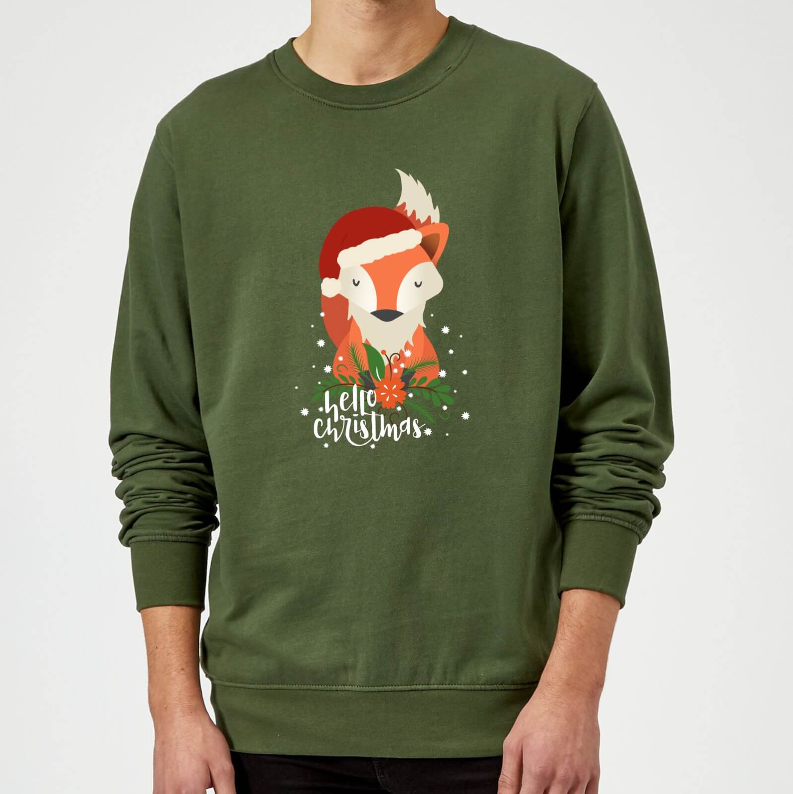 Christmas Fox Hello Christmas Sweatshirt - Forest Green - M