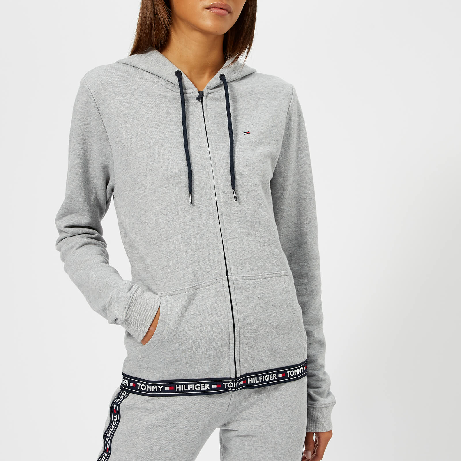 Tommy Hilfiger Women's Hoody Zip Top with Logo Trim at the Bottom - Grey - S