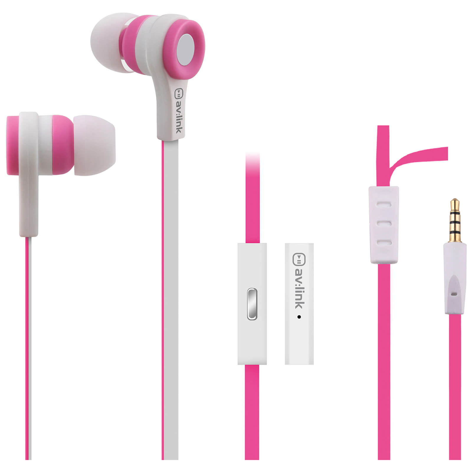 AV: Link Rubberised Tangle Free Cable Earphones with Mic - White/Pink