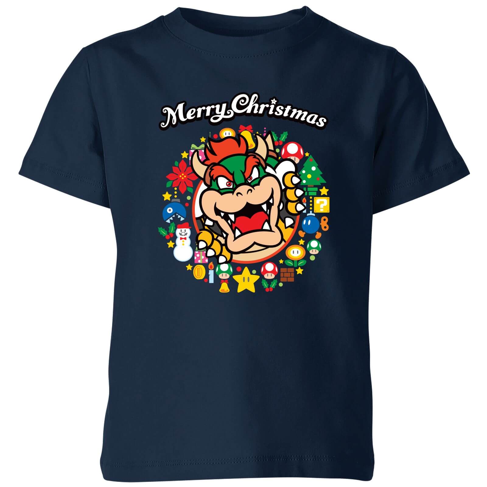 Nintendo Super Mario Bowser Merry Christmas Wreath Kids' T-Shirt - Navy - 3-4 Years
