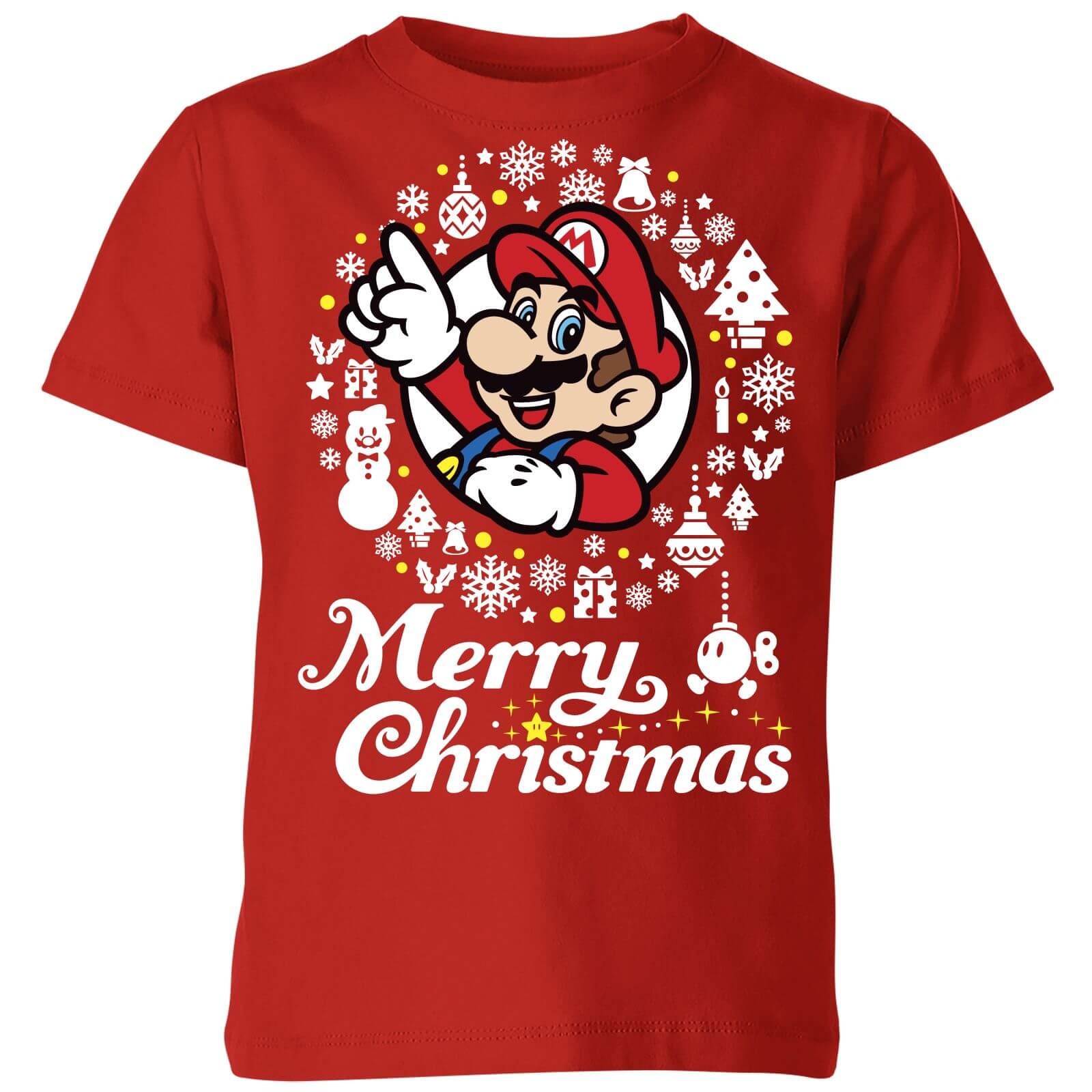 Nintendo Super Mario Merry Christmas White Wreath Kids' T-Shirt - Red - 7-8 Years
