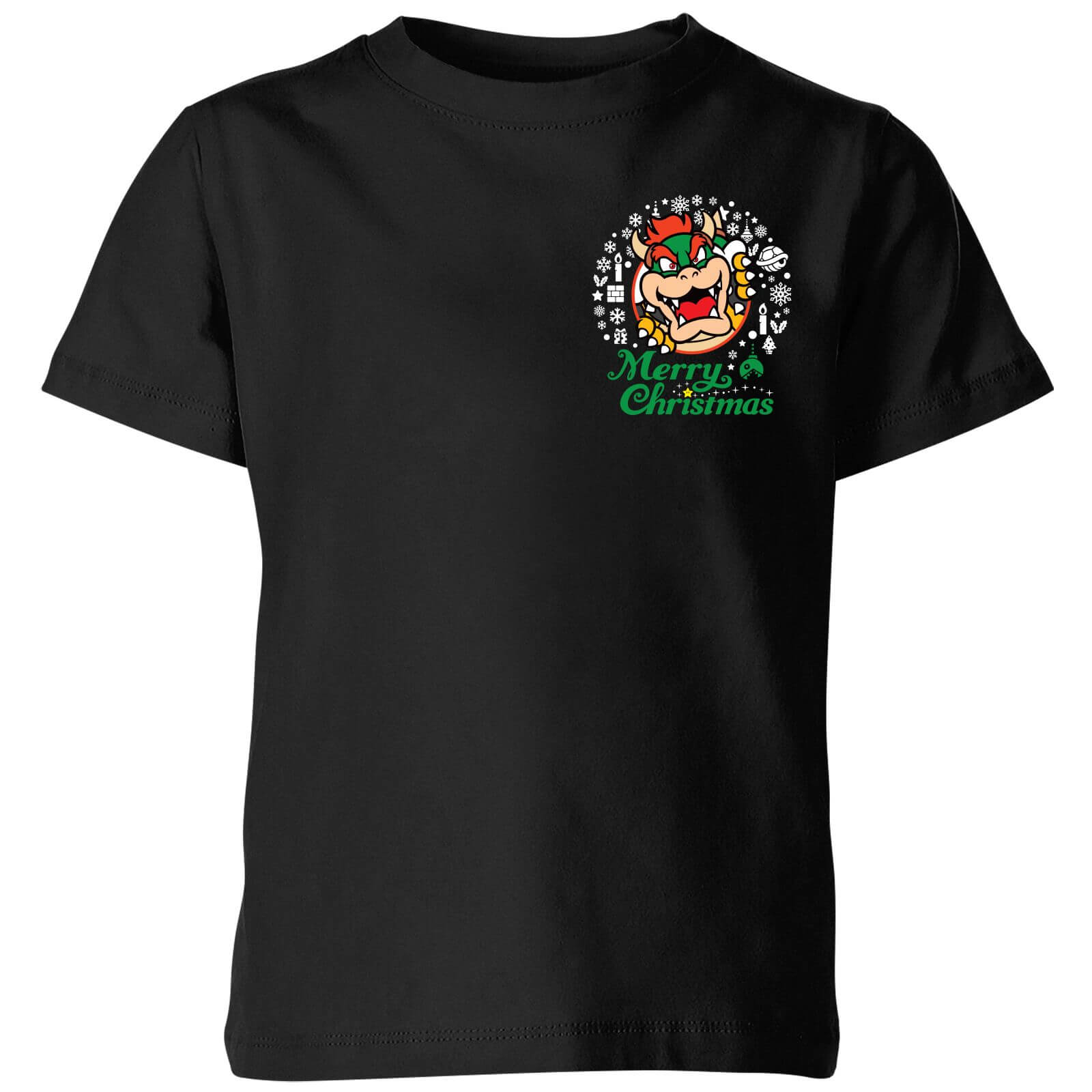 Nintendo Super Mario Bowser Merry Christmas Pocket Wreath Kids' Christmas T-Shirt - Black - 9-10 Years - Black