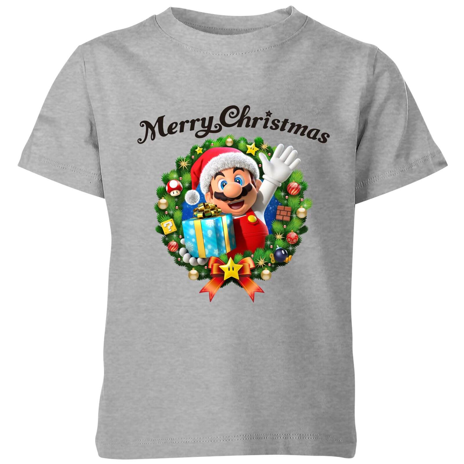 Nintendo Super Mario Merry Christmas Hat Present Kids' T-Shirt - Grey - 7-8 Years