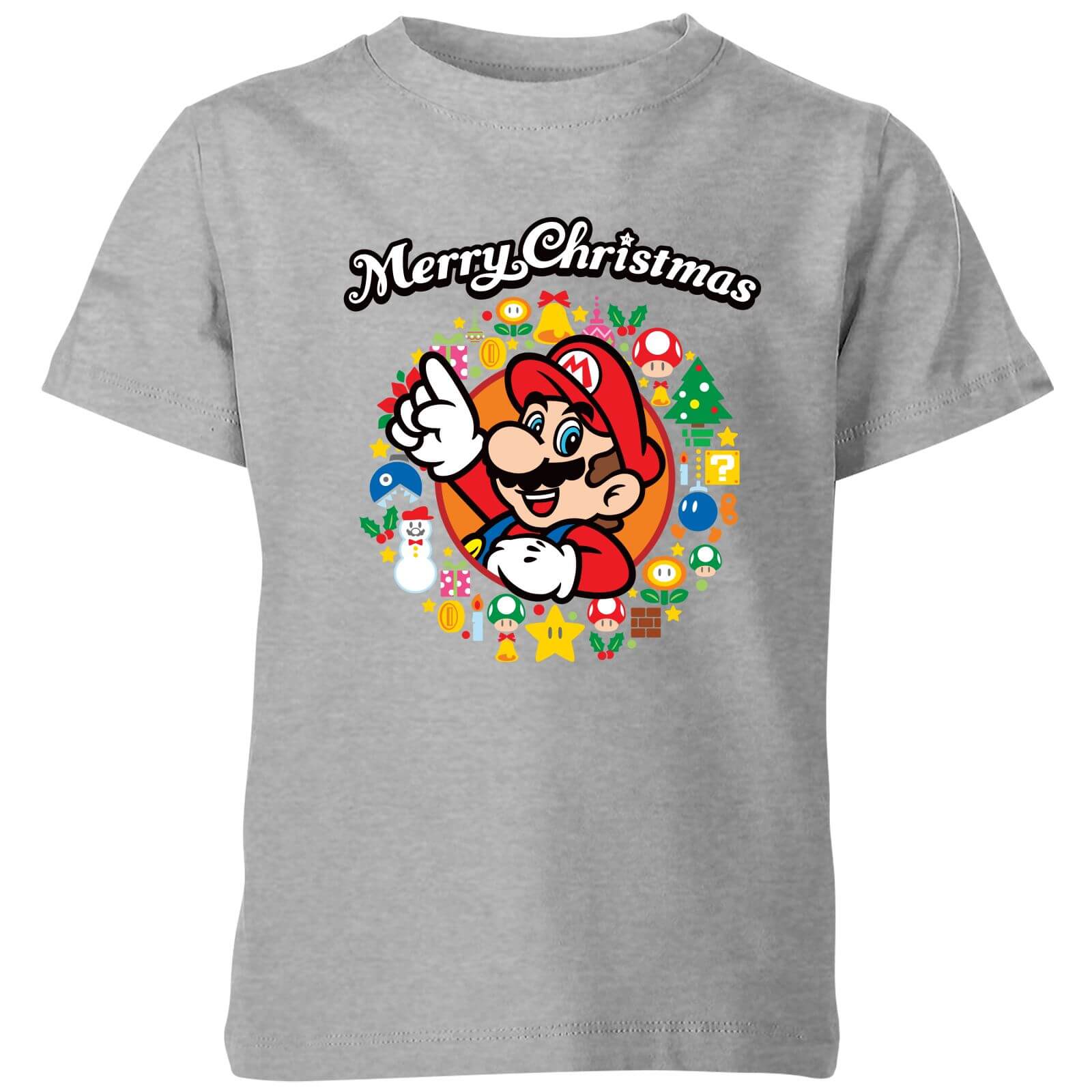Nintendo Super Mario Mario Merry Christmas Wreath Kids' T-Shirt - Grey - 5-6 Years