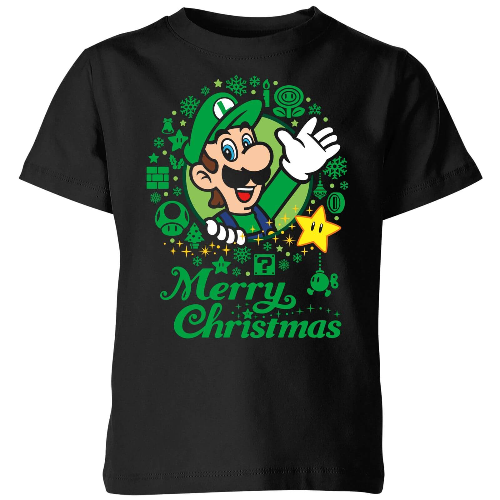 Nintendo Super Mario Luigi White Wreath Merry Christmas Kids' T-Shirt - Black - 5-6 Years
