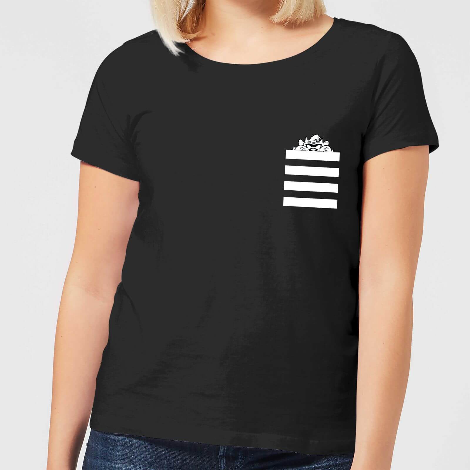 Looney Tunes Taz Stripes Pocket Print Women's T-Shirt - Black - 4XL - Black