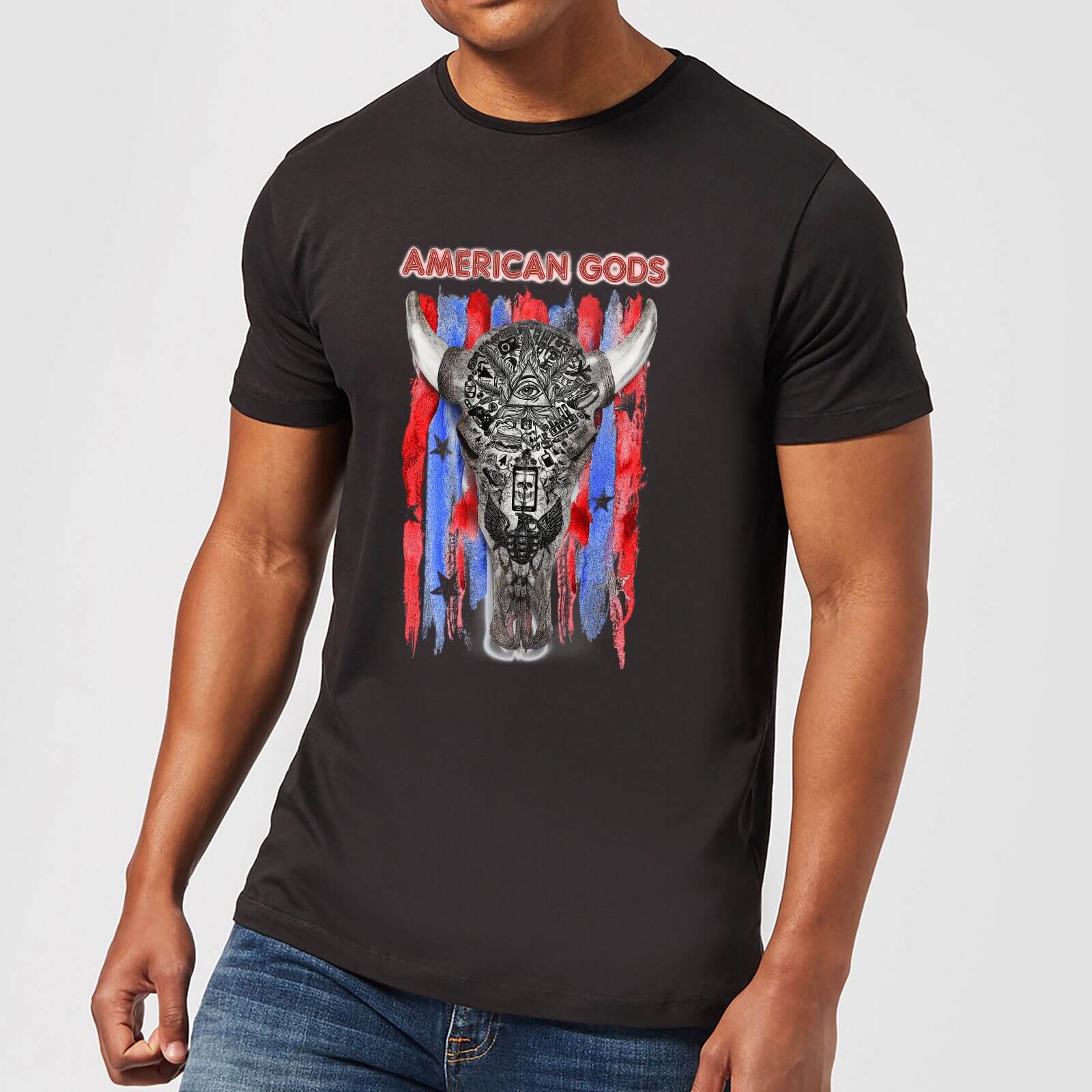 T-Shirt Homme American Gods Tête de Mort et Drapeau Américain - Noir - S - Noir